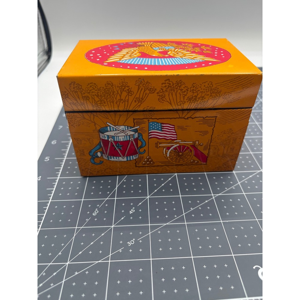 Vintage Syndicate Mfg Americana Metal Index Card Box Orange Eagle Liberty Bell